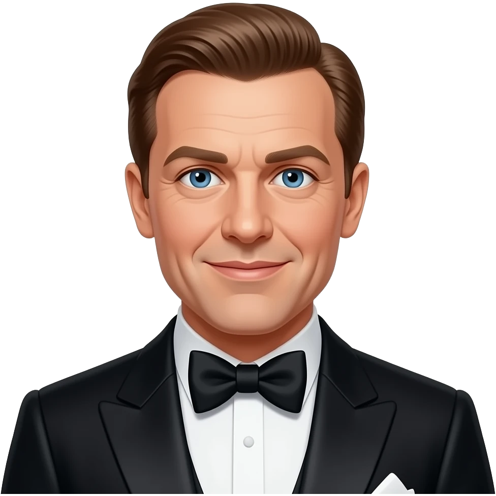 Fred Astaire with blue eyes, brown hair, black silk suit with bow tie emoji
