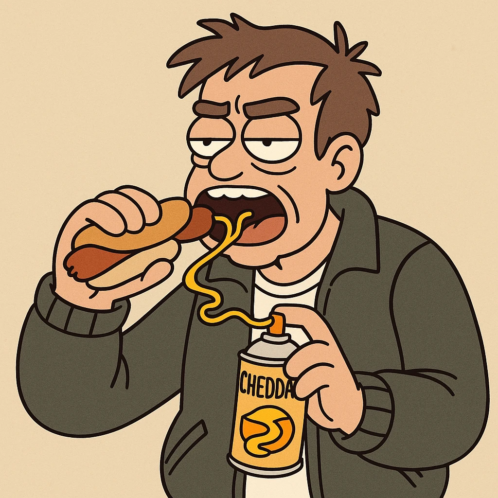 A jacket hand holding cheddar cheese can eating the the sausage emoji