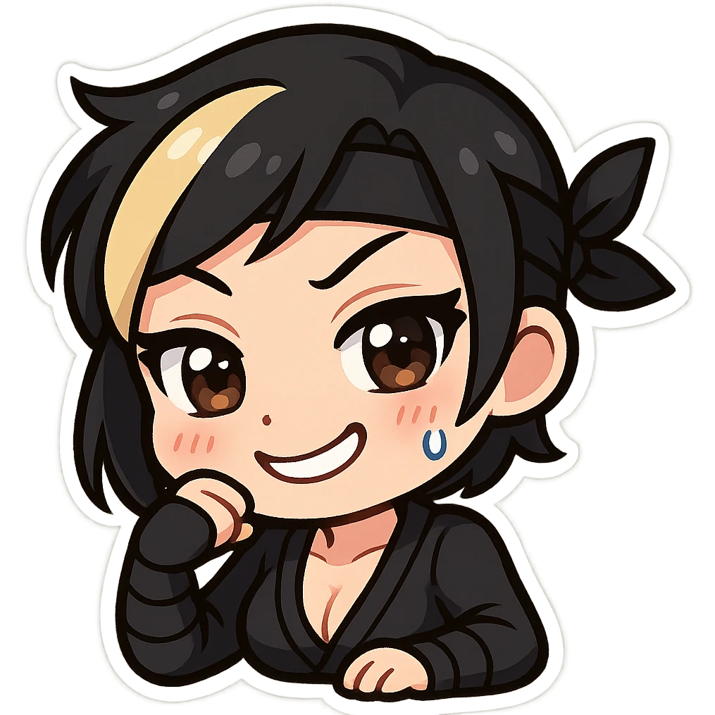 Make the design even more kawaii chibi: super cute, big sparkling eyes, rounder face, smaller mouth, extra soft colors, sexy chibi ninja girl with black short hair and a blonde streak, only head and arms, colorful chibi style, bold outlines, transparent background, no mask, smug grin with a little sweat drop and a teasing expression, sized for Twitch emoji use. emoji