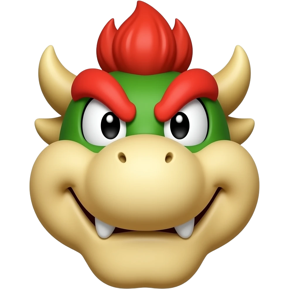 3D bowser jr. emoji head, mischievous smirk, green top and beige face, big round snout, small fang tooth, expressive eyes, thick red angry eyebrows, red spiky flame hair on top, glossy toy style, smooth shading, sticker with thick white outline, centered, blue gradient background emoji