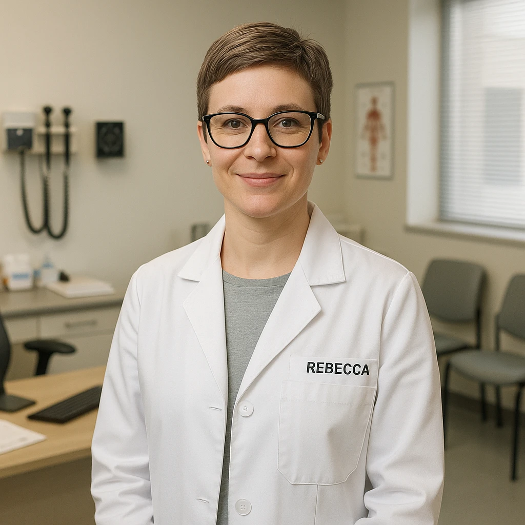 A female doctor named Rebecca, short hair, glasses, in a lab coat, standing in a clinic emoji