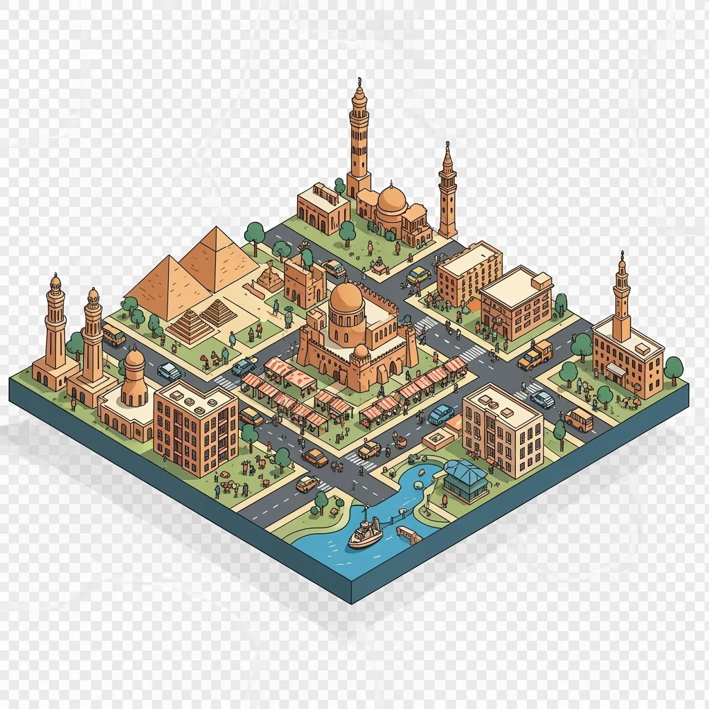 Isometric minimalistic illustration of Cairo, subtle 3D miniature effect and Tilt Shift effect, no cartoonish look, transparent background. emoji