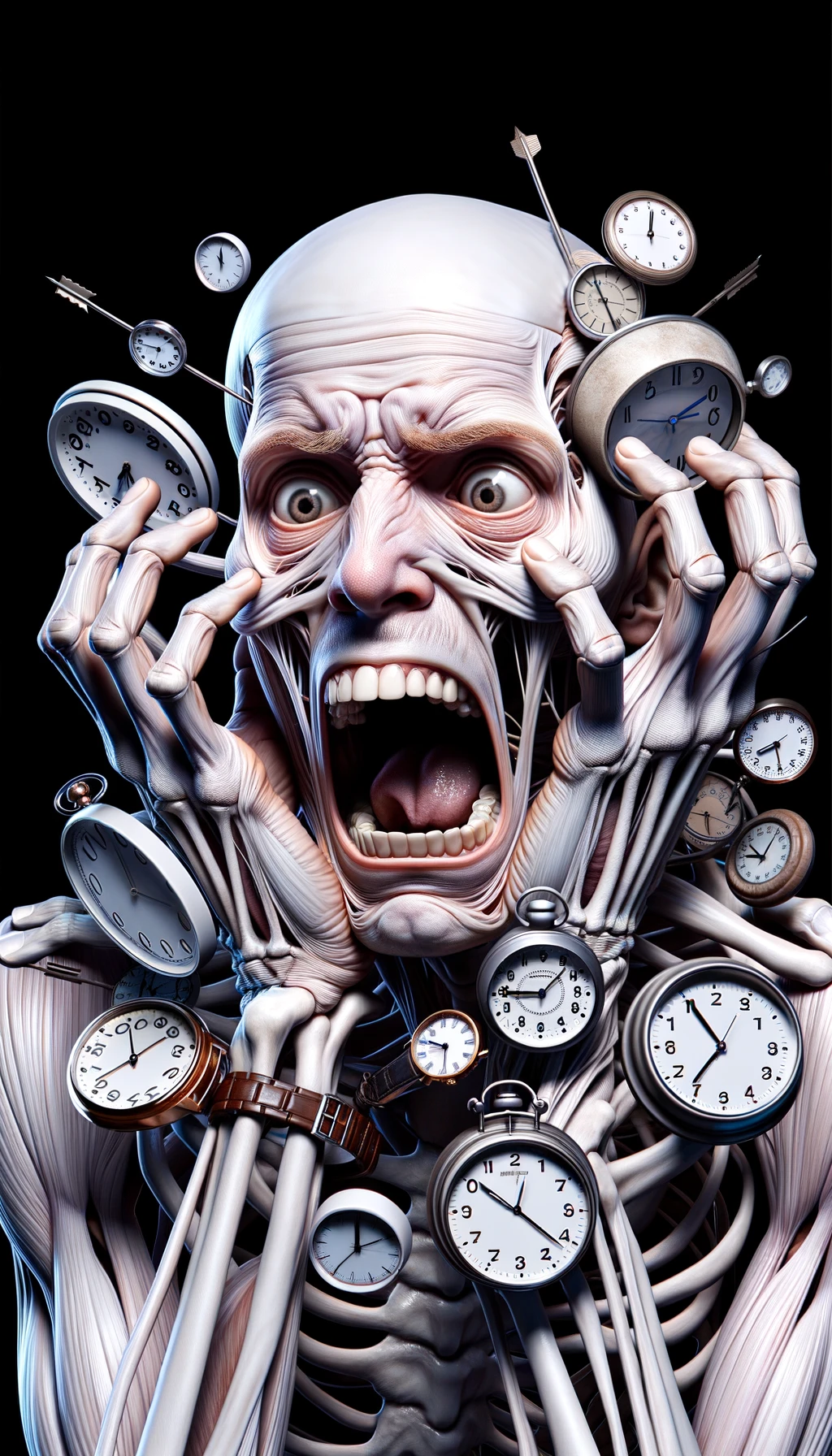 corpo umano anatomico CHE TIENE OROLOGI NELLE MANI E STA IMPAZZENDO PERCHé NON RIESCE A SVOLGERE TUTTE LE SUE ATTIVITà QUOTIDIANE: NON HA TEMPO, iperrealistico 4k emoji