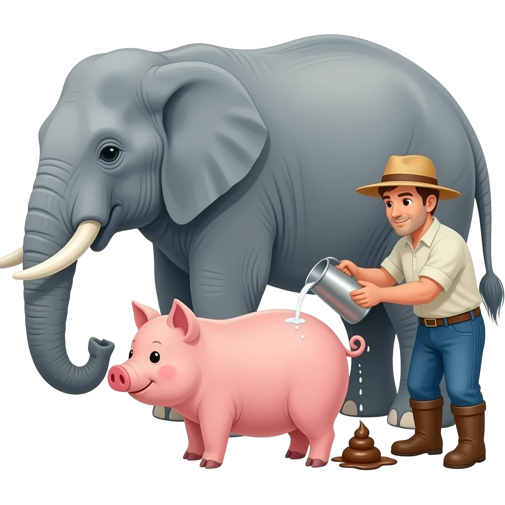 A pidgin pooing on a elephant who is getting milked by a farmer emoji