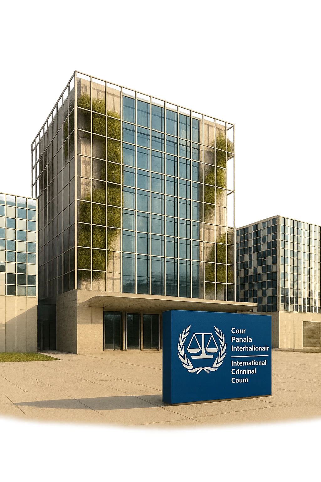 cinematic, realistic emoji of the International Criminal Court (ICC) building in The Hague, featuring majestic, bright, modern architecture, lifelike detail, bright lighting, its iconic sign, and accurate colors, isolated against a transparent background emoji