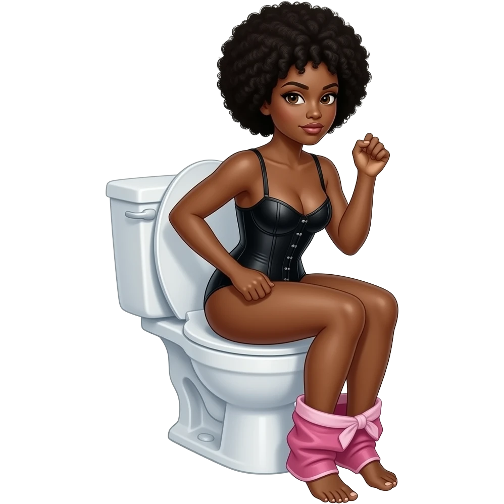 A barefoot dark woman sits on a toilet in a black sm corset with pink panties down to her ankles, has a afro hairstyle, and is squeezing her sphincter. emoji