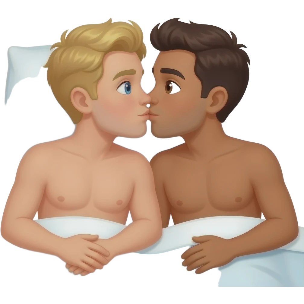 Make a gay couple on a Date , one has light Skin with Blond Hair and Blue Eyes, the other one has slightly brown skin witz dark Brown Hair and Brown Eyes. They are laying together in a Bed shirtless and kiss. emoji