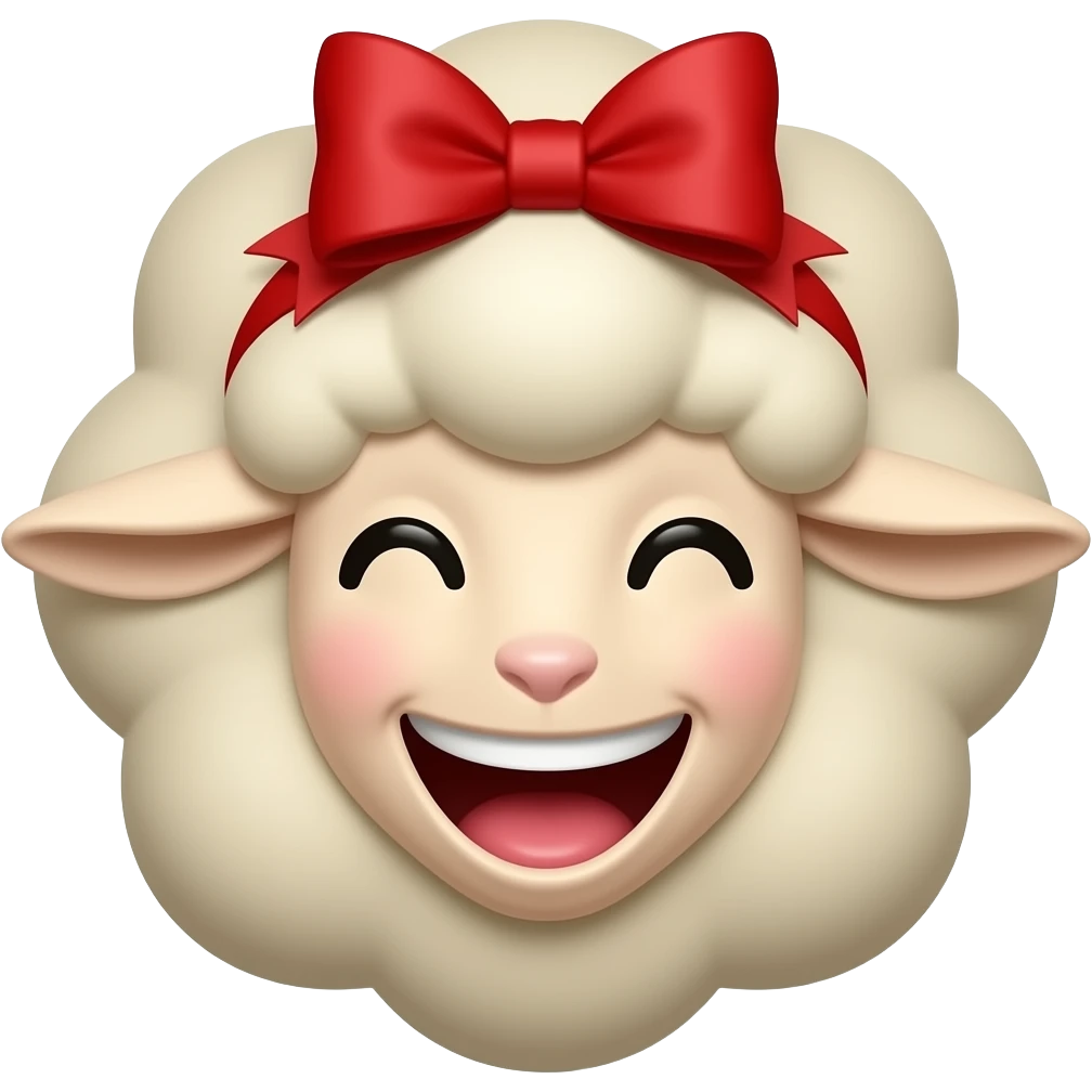 A beige sheep face with a red bow on its head is laughing. emoji