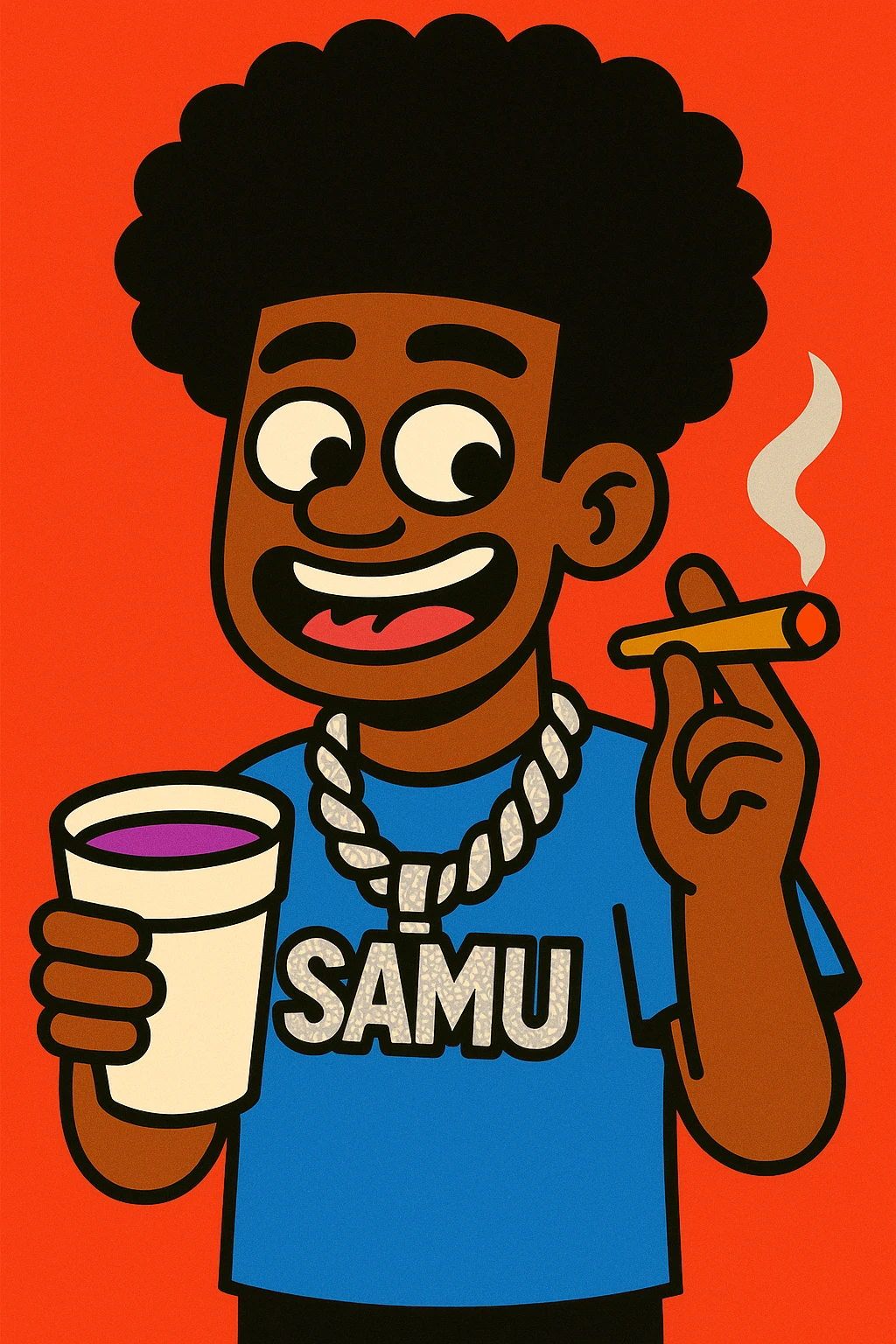 character with a high curly afro, flashy 'samu' diamond chain, holding a cup of lean and a joint, vibrant cartoon style emoji