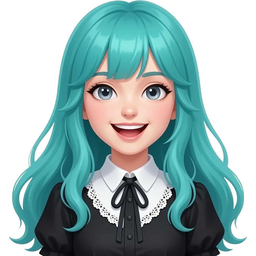girl, laughing, long flowing teal hair, grey eyes, black shoulder cyberpunk blouse with fancy white collar emoji