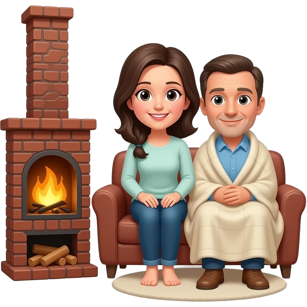woman with dark hair with her husband at home near chimney watching movie under blanket cozy vibe emoji