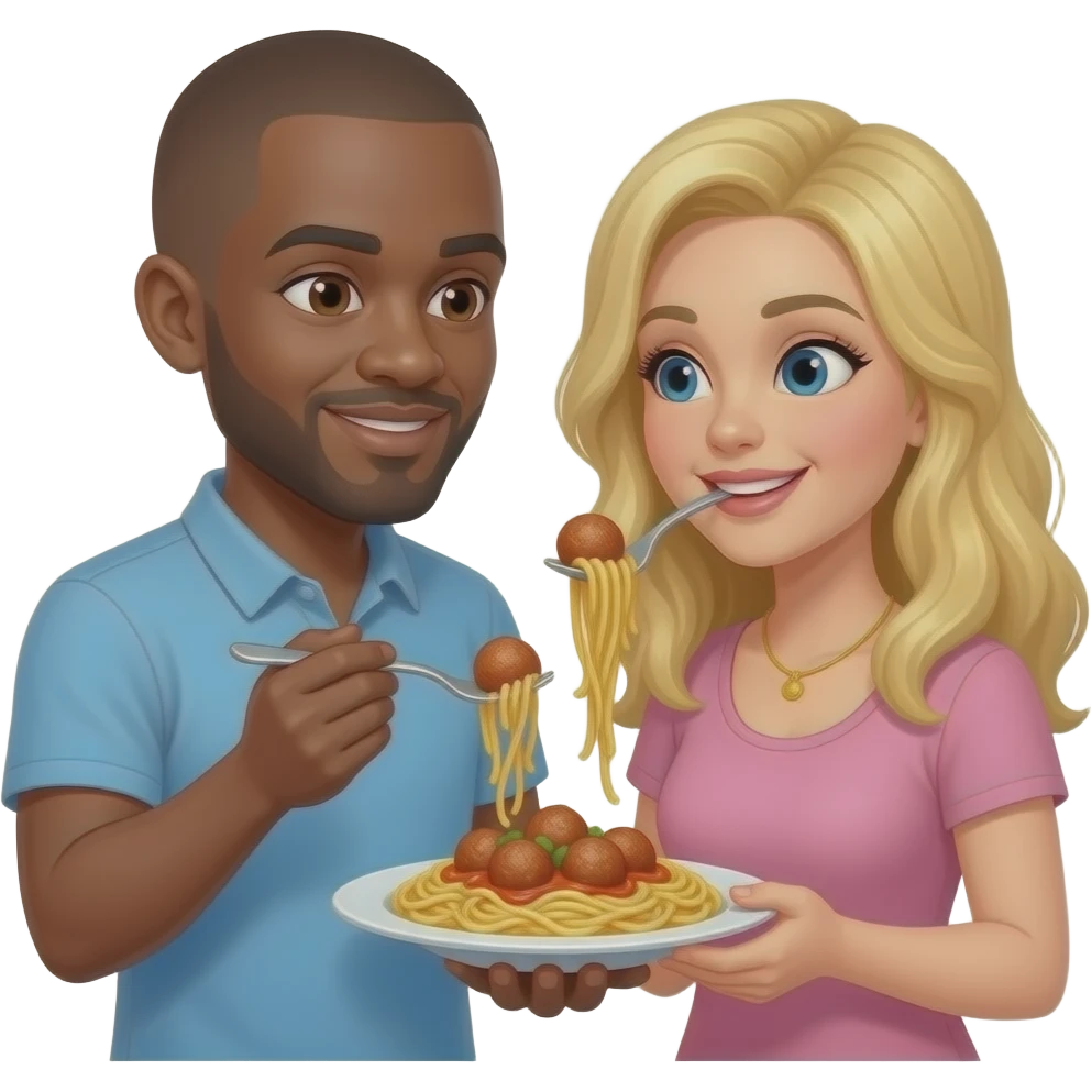 Black man with shaved head and blonde woman sharing spaghetti and meatballs together emoji