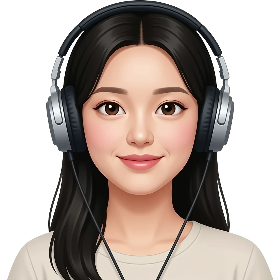 beautiful girl, with black hair, with a bit tanned skin, korean, listening to music with headphone, make it like apple emoji emoji