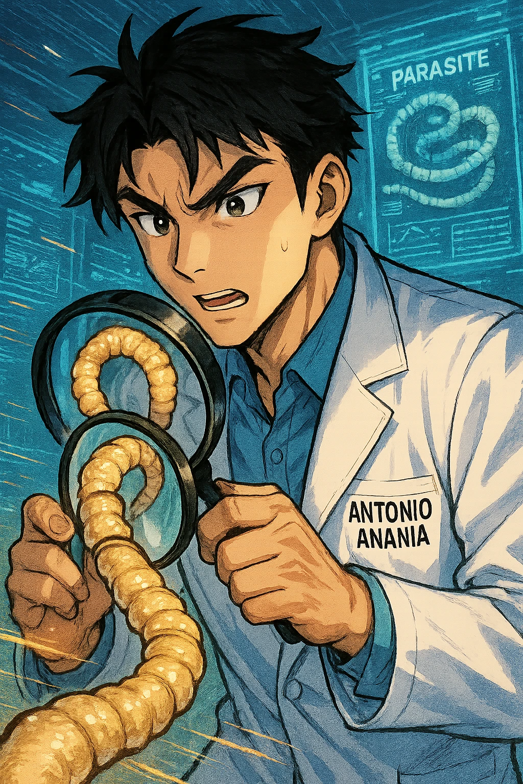 A dynamic manga/webtoon-style illustration of a young male kinesiologist wearing a clean white lab coat, analyzing light beige worms like a tapeworm under a magnifying glass. His expression is focused and slightly intrigued, with sharp, detailed eyes. The art style is vibrant, with bold linework, rich colors, and dramatic lighting. The background is a futuristic laboratory with glowing holographic screens displaying parasite data. The tapeworm is intricately drawn, slimy and segmented, with a slightly exaggerated yet realistic texture. The composition is dynamic, with motion lines or energy effects to emphasize his scientific investigation. The atmosphere is intense but not dark, keeping a balance between scientific seriousness and stylish manga aesthetics, he has "ANTONIO ANANIA" WRITTEN ON WHITE LAB COAT emoji