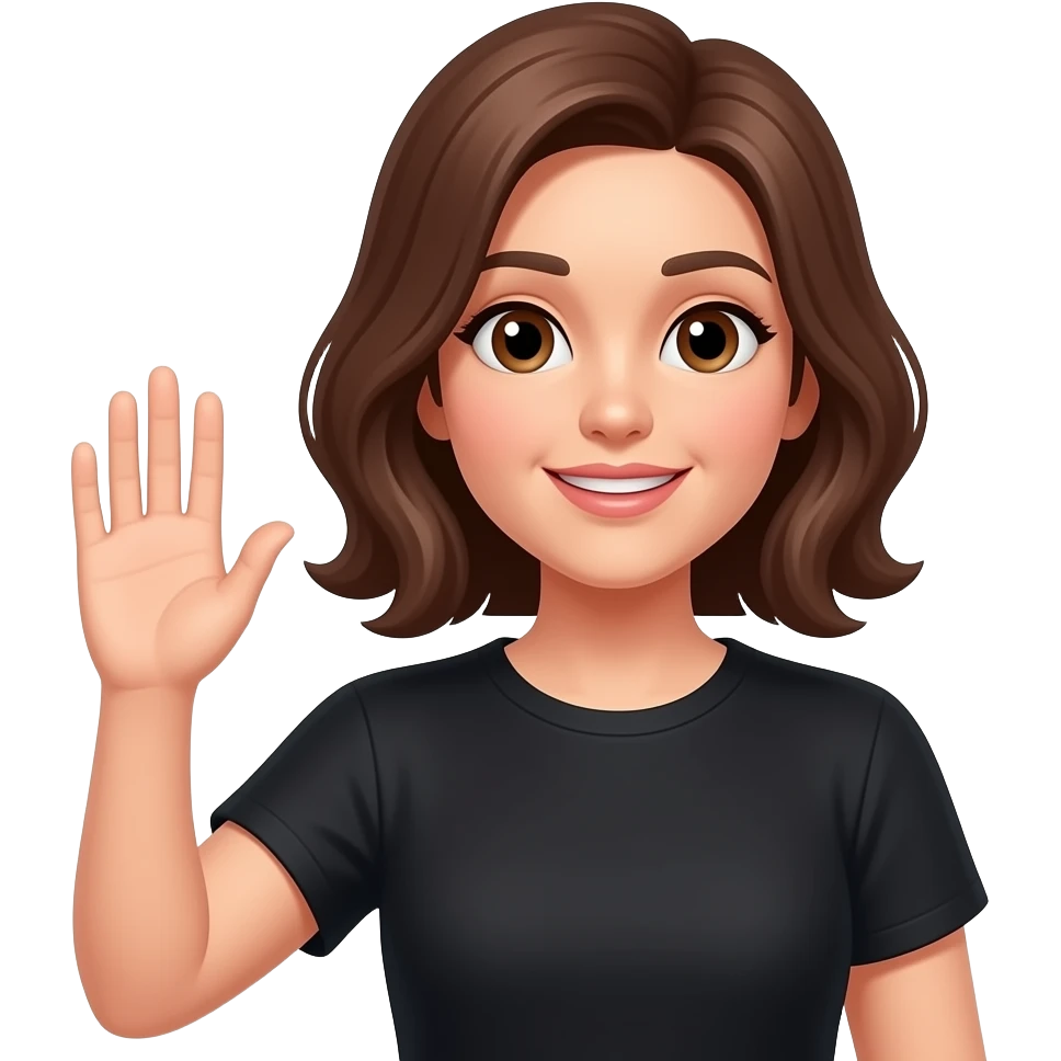 MUJER LEVANTANDO LA MANO DERECHA COMO PIDIENDO TURNO CON REMERA NEGRA CON OJOS MARRONES emoji