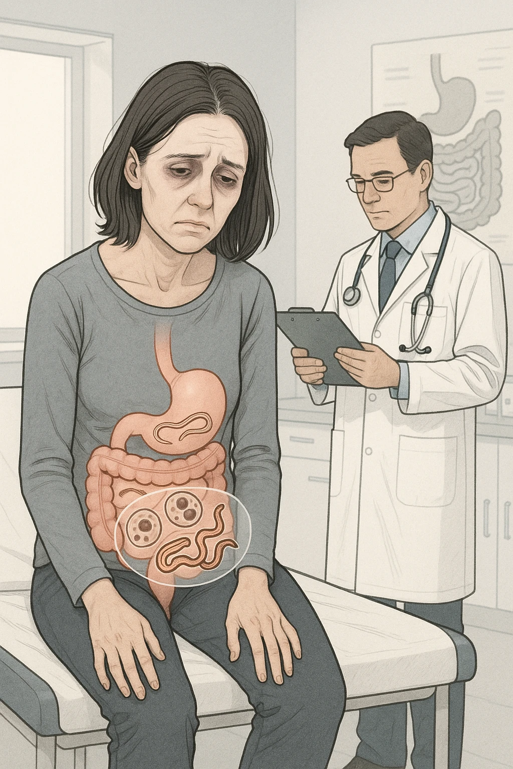 a woman in her 30s sits slumped on a doctor’s examination table, her face pale and eyes sunken with deep fatigue. A transparent overlay on her abdomen reveals stylized images of internal parasites, such as worms or protozoa, inside her digestive tract. The doctor stands nearby, reviewing medical charts. The mood is clinical and educational. emoji
