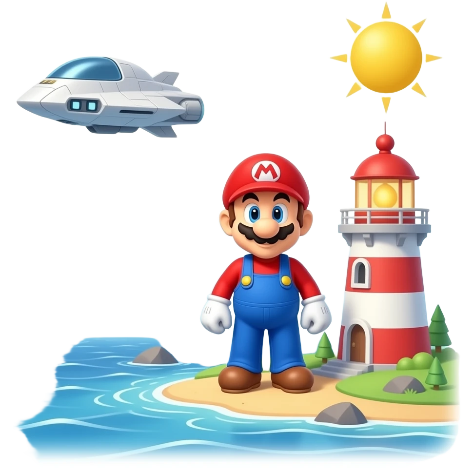 super mario bro close to a lighthouse 3d close to the ocean with star wars emoji