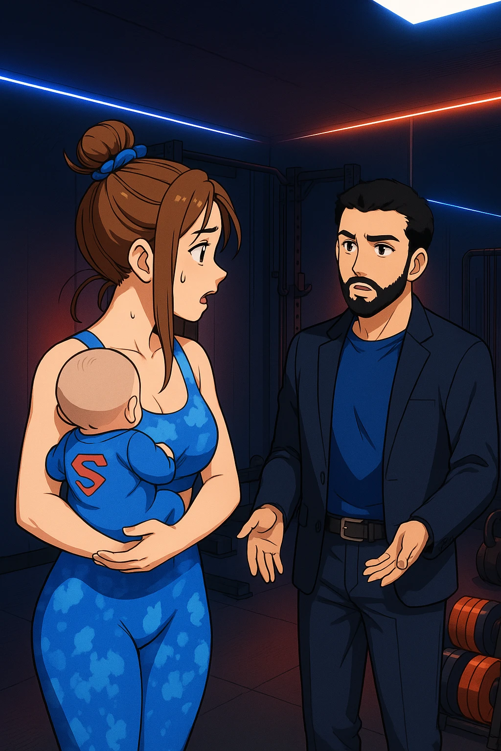 ispirati a questo stile di disegno e fai questa immagine in versione manga/webtoon a colori, il manga mostra la donna preoccupata con un neonato in braccio con una tutina azzurra e la scritta "S" sulla schiena, la donna gli sta facendo una domanda all'uomo, ma non fare i fumetti, fai come se stessero parlando emoji