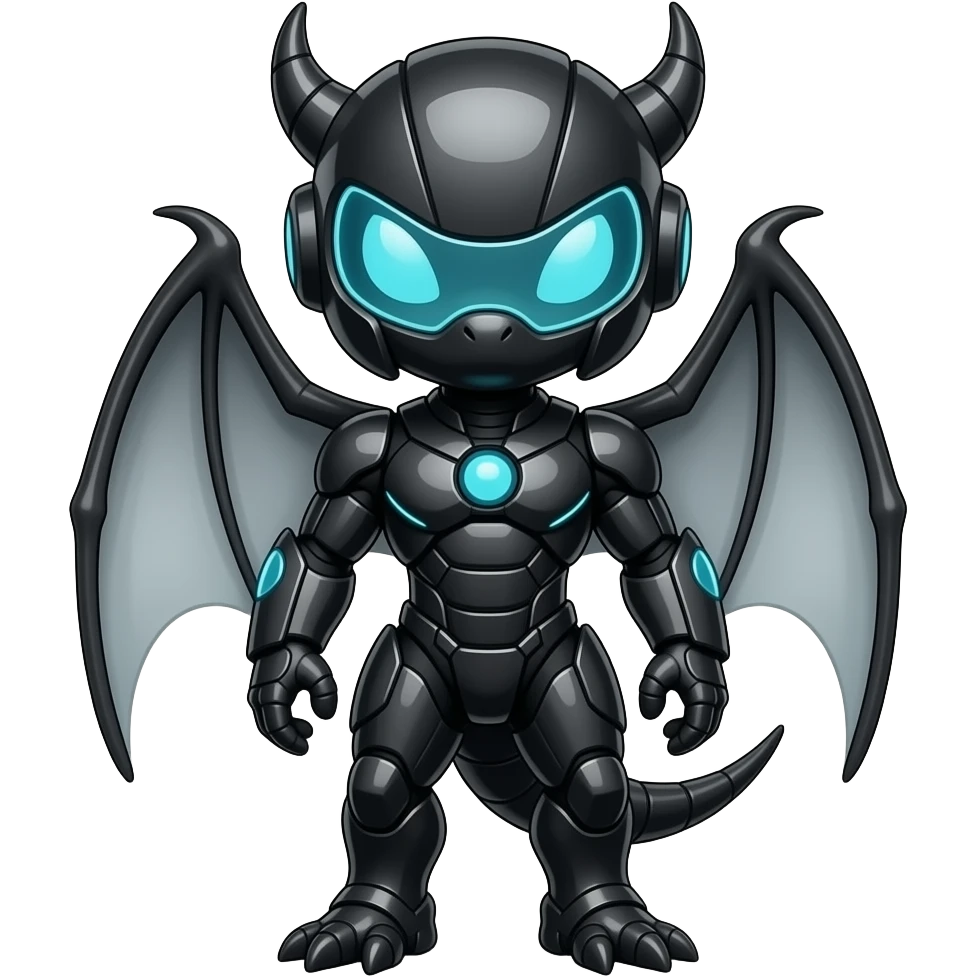 a shiny black Genesect-Flygon-Raptor-Fakémon—hybrid with a futuristic visor-helmet full body emoji