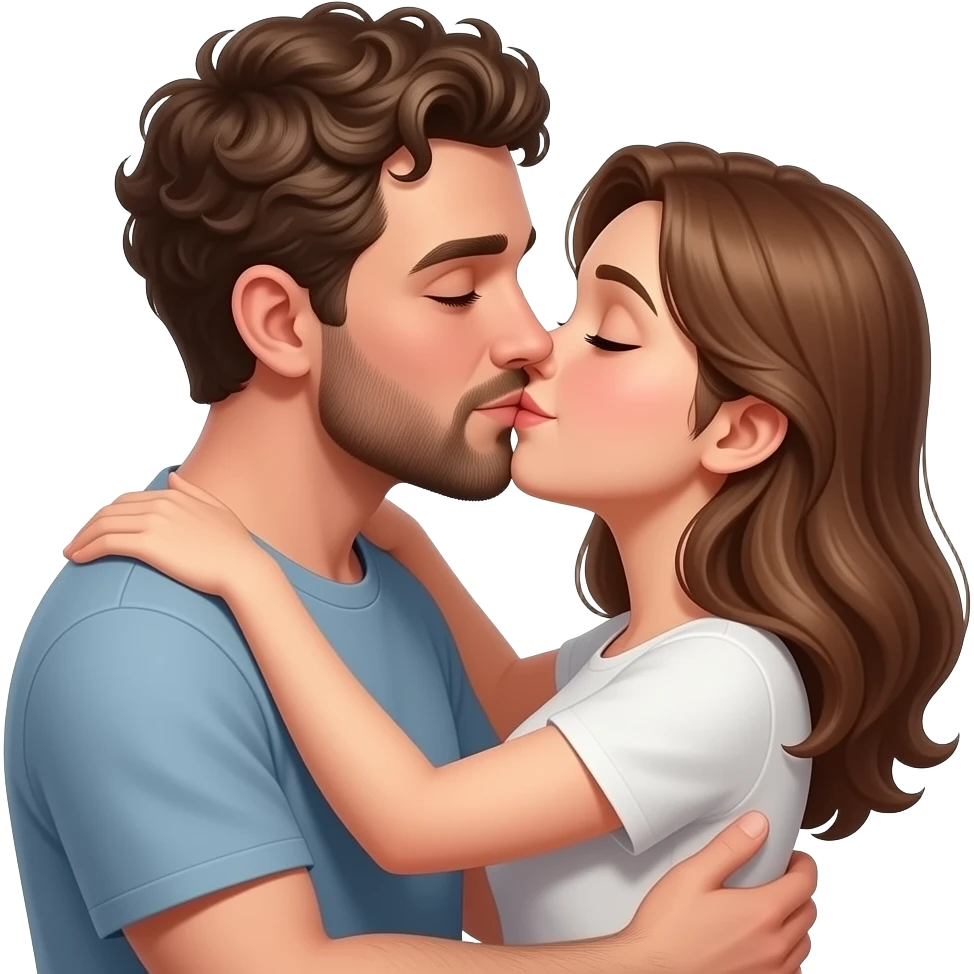 Realistic white man super short curly brown hair with beard kissing passionately and hugging realistic white girl brown hair emoji
