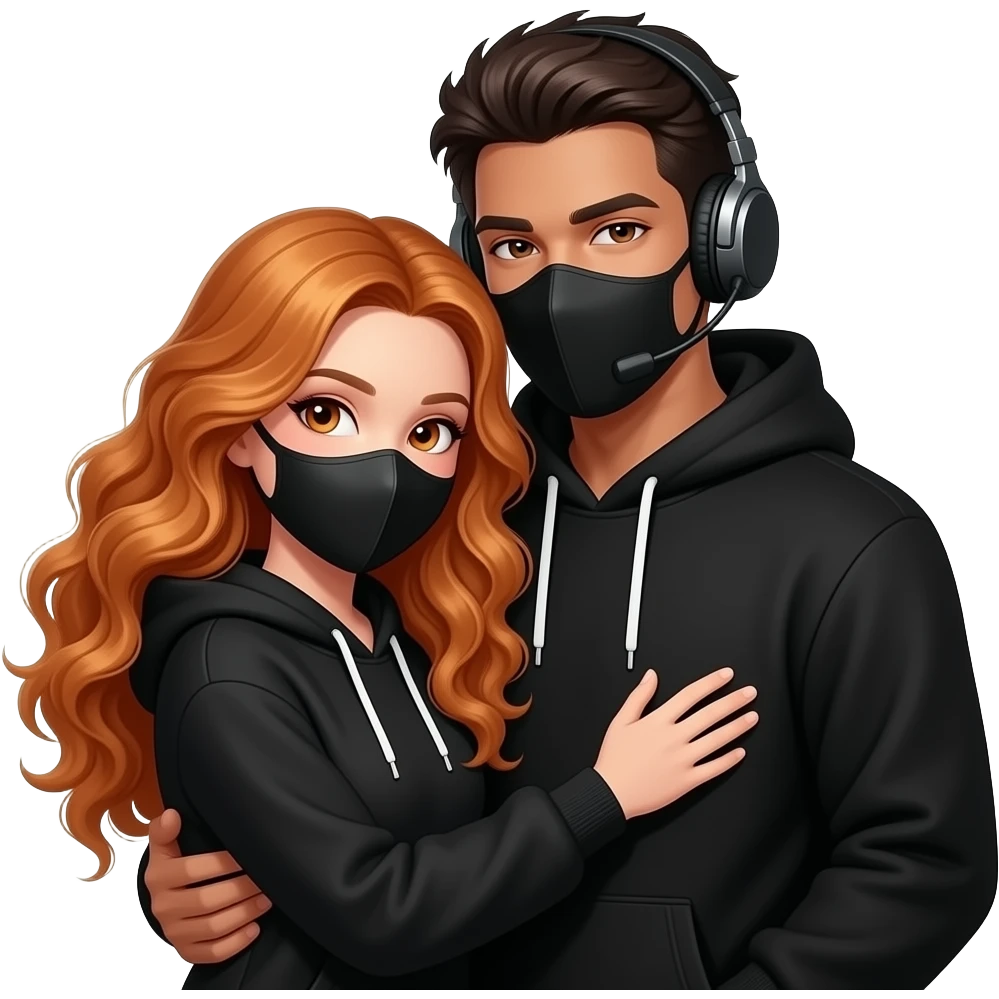 sexy girl with long curly ginger hair and ginger eyes with a black hoodie and mask gets hugged by a attractive blackhaired man with a black hoodie, a headset and a black mask emoji