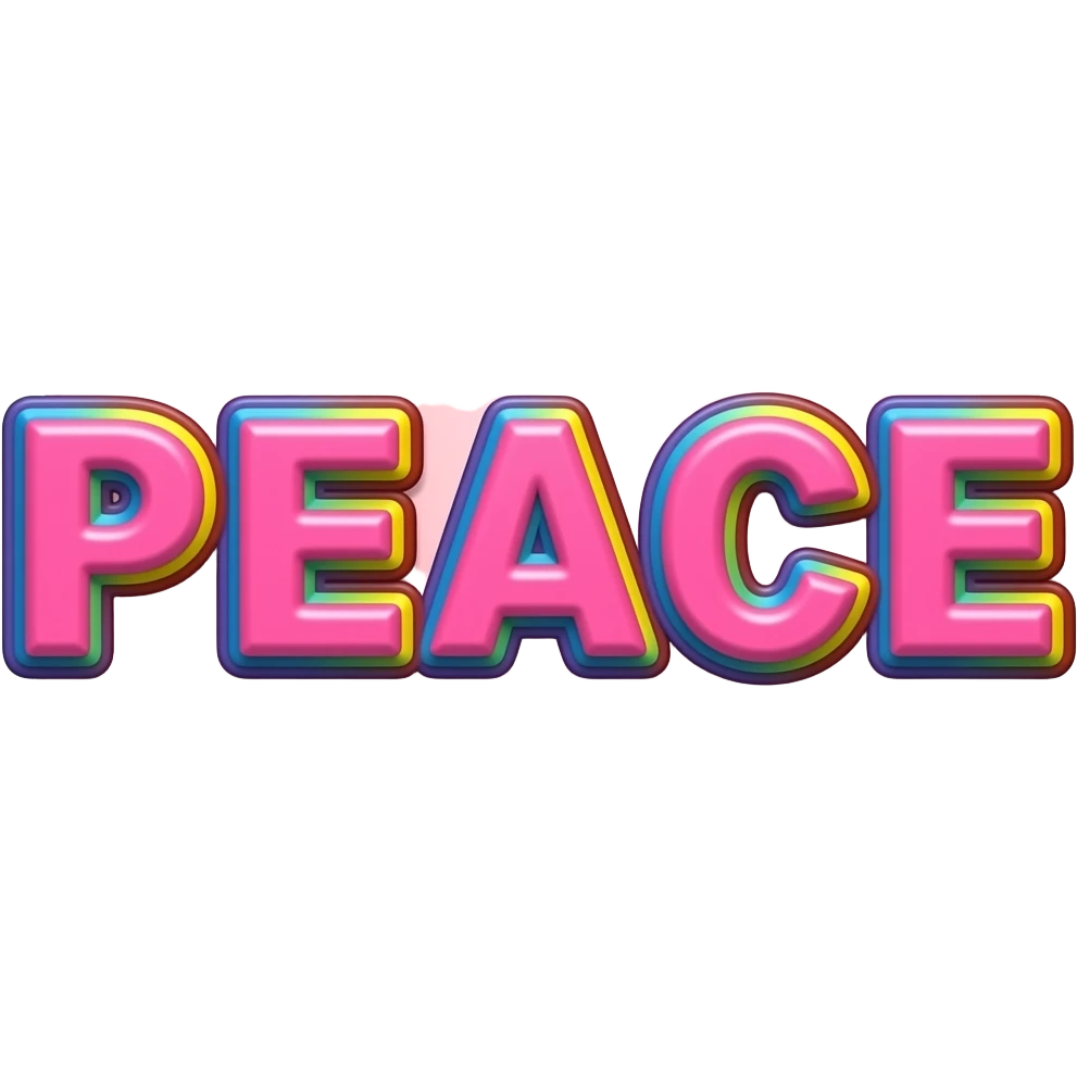 Peace sign in bright vivid hot pink, in 3d style with all colors of the rainbow as a border outlined around each letter, isolated, 3d rendering, no emoji icons no emoji faces and must have no human figures emoji