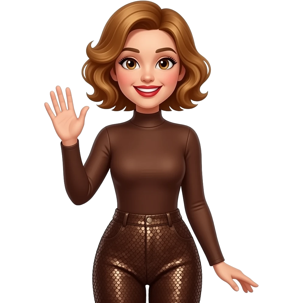 glamours,-tanned,-very-beautiful-woman-with-big-plump-red-lips,-long-lashes,-honey-silky-very short- hair,-wavy-hair,-hazel-eyes- wearing-Chocolate-brown-Long-sleeved-bodysuit-Brown-sequinned-pants-Her-eyes-sparkle-and-she-is-smiling-Hand-up-waving-hello emoji
