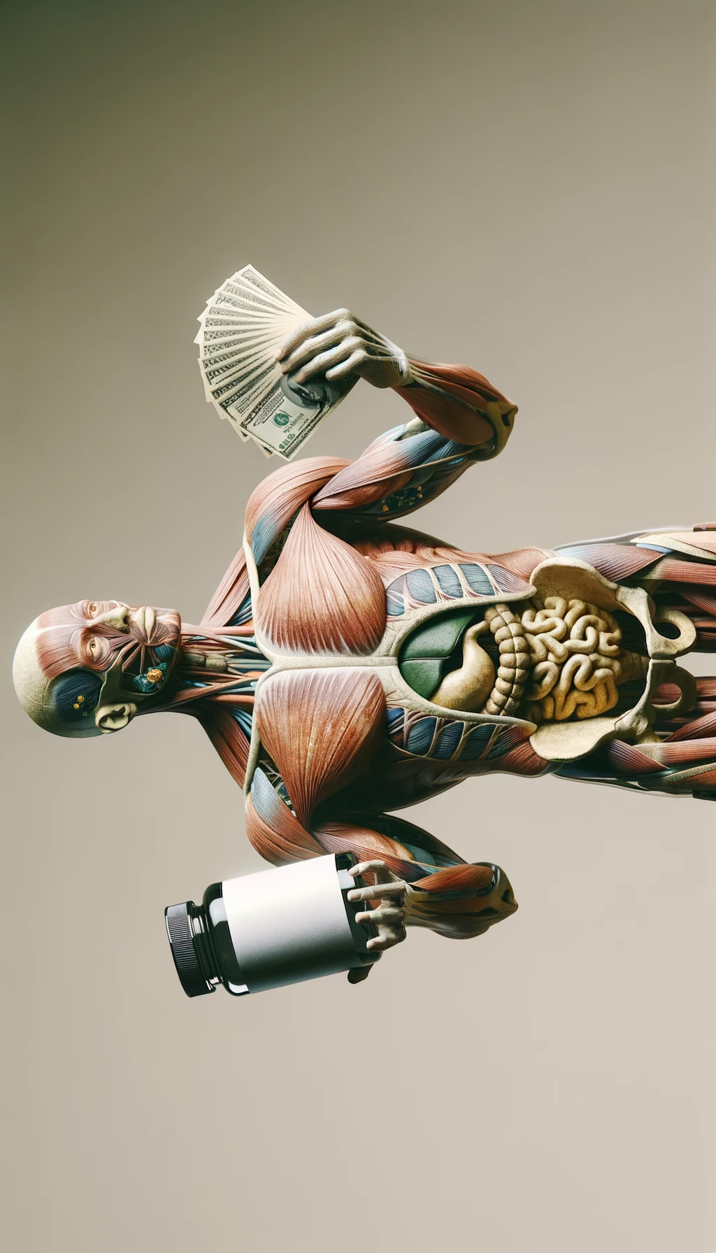 corpo umano anatomico che tiene nella mano destra una boccetta di integratore e nella mano sinistra delle banconote, sfondo neutro chiaro emoji