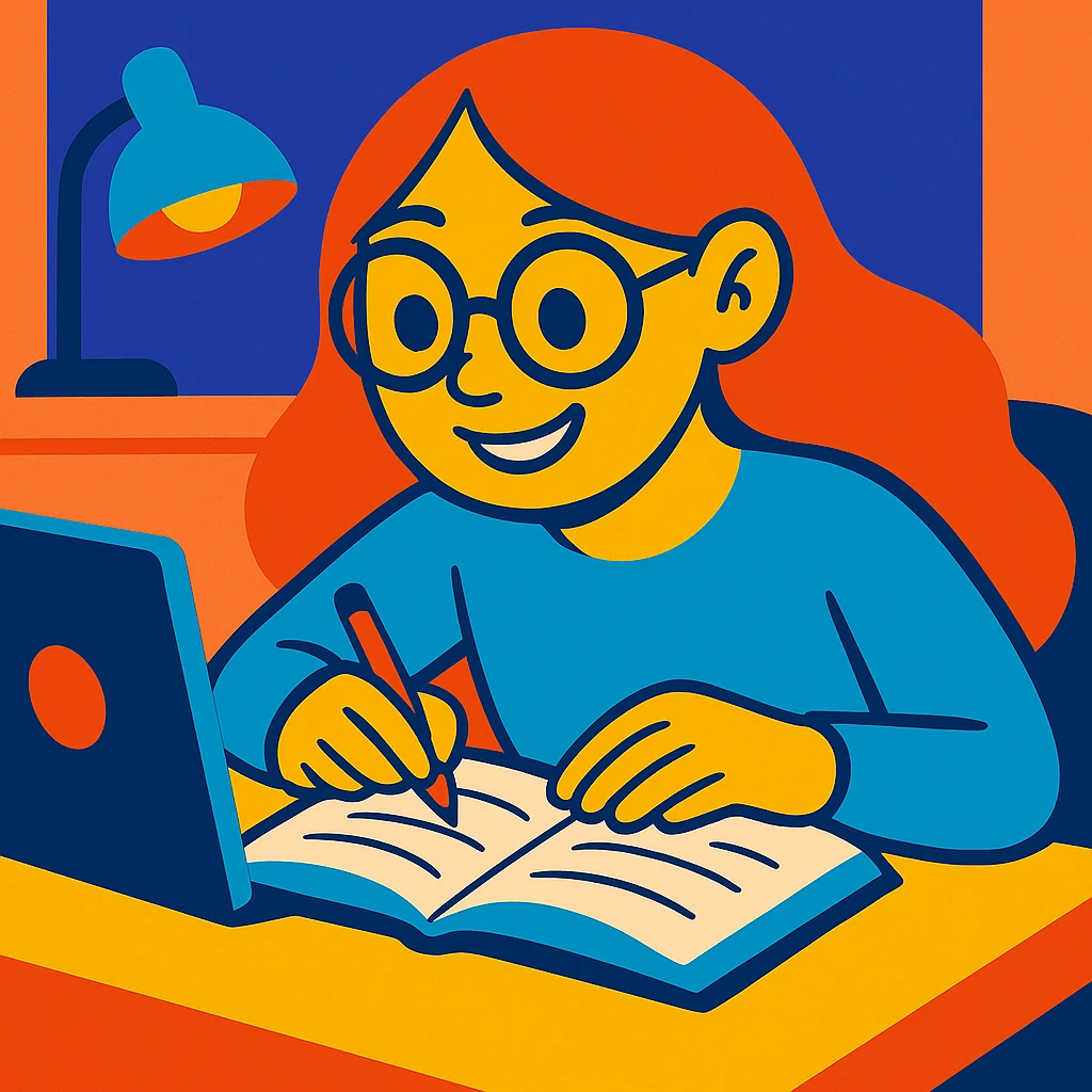 Make the girl smile, keep her long hair and specs, concentrating on her work, vibrant cartoon style with bright colors, dynamic shading, and expressive features. emoji