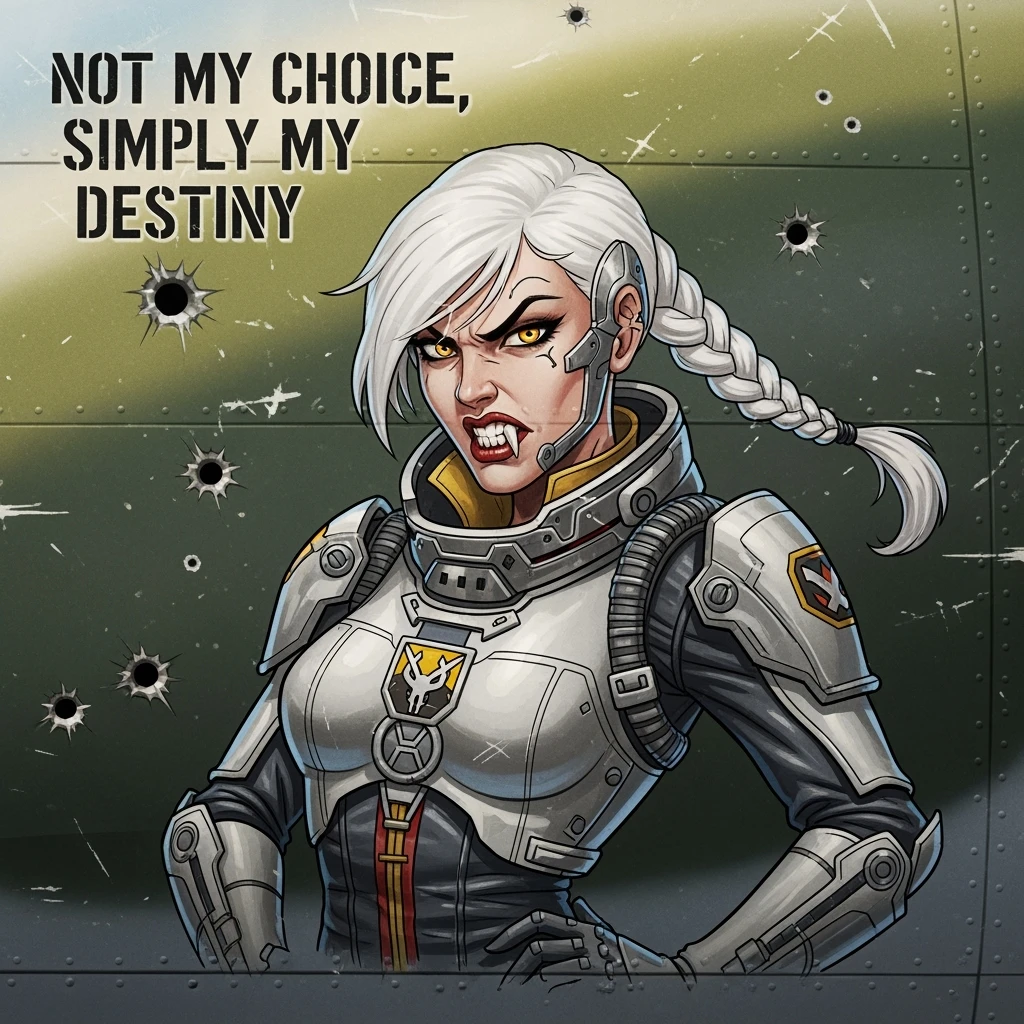 a retro military pinup fuselage decoration for the motto " not my choice, simply my destiny "
the female figure, white hair 1 braid, gold yellow eyes, spacer, fierce, exo-rogue, menacing emoji