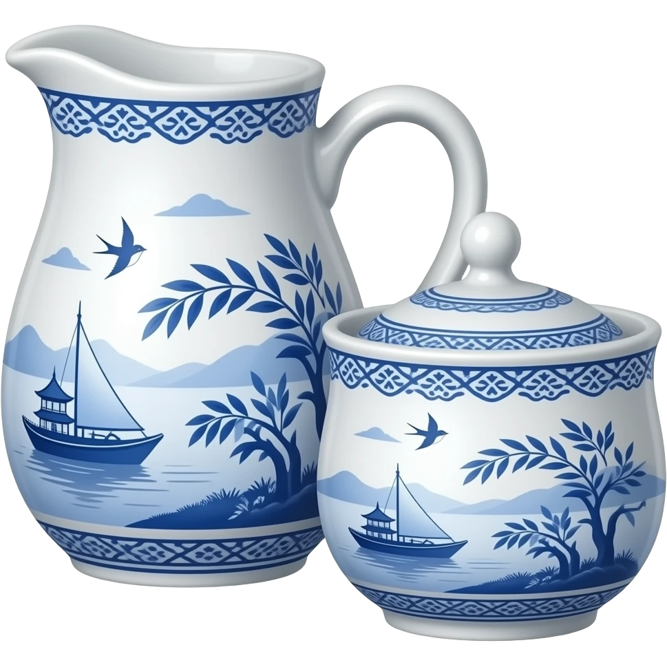 chinoiserie blue willow china pattern creamer and sugar set with a boat, pagodas and two swallows emoji