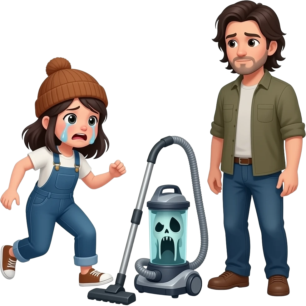 a short tearful woman with dark hair and overalls and a brown beanie trips over a upright vacuum. The vacuum is scary and clearly haunted. A taller man with long dark hair calmly looks on.  emoji
