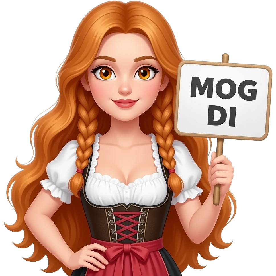 sexy girl with overlong ginger hair in braids and ginger eyes wearing a dirndl holding a I MOG DI sign emoji