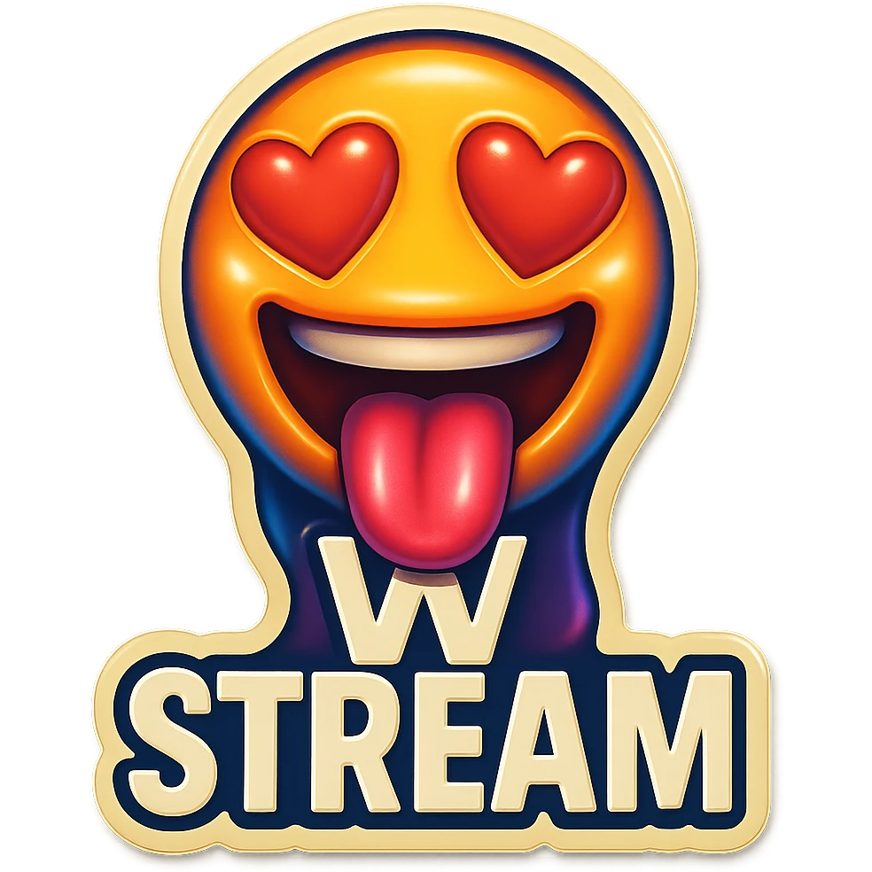 mouth open with tongue out heart shaped eye add the words “ W Stream " in White emoji