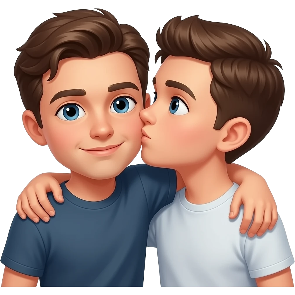 Erstelle ein Emoji von zwei Brüder, der eine um die 22 und der andere um die 26, der älter Bruder legt sein Arm über sein jüngeren Bruder und küsst ihn auf die Wange. Beide haben blaue Augen emoji