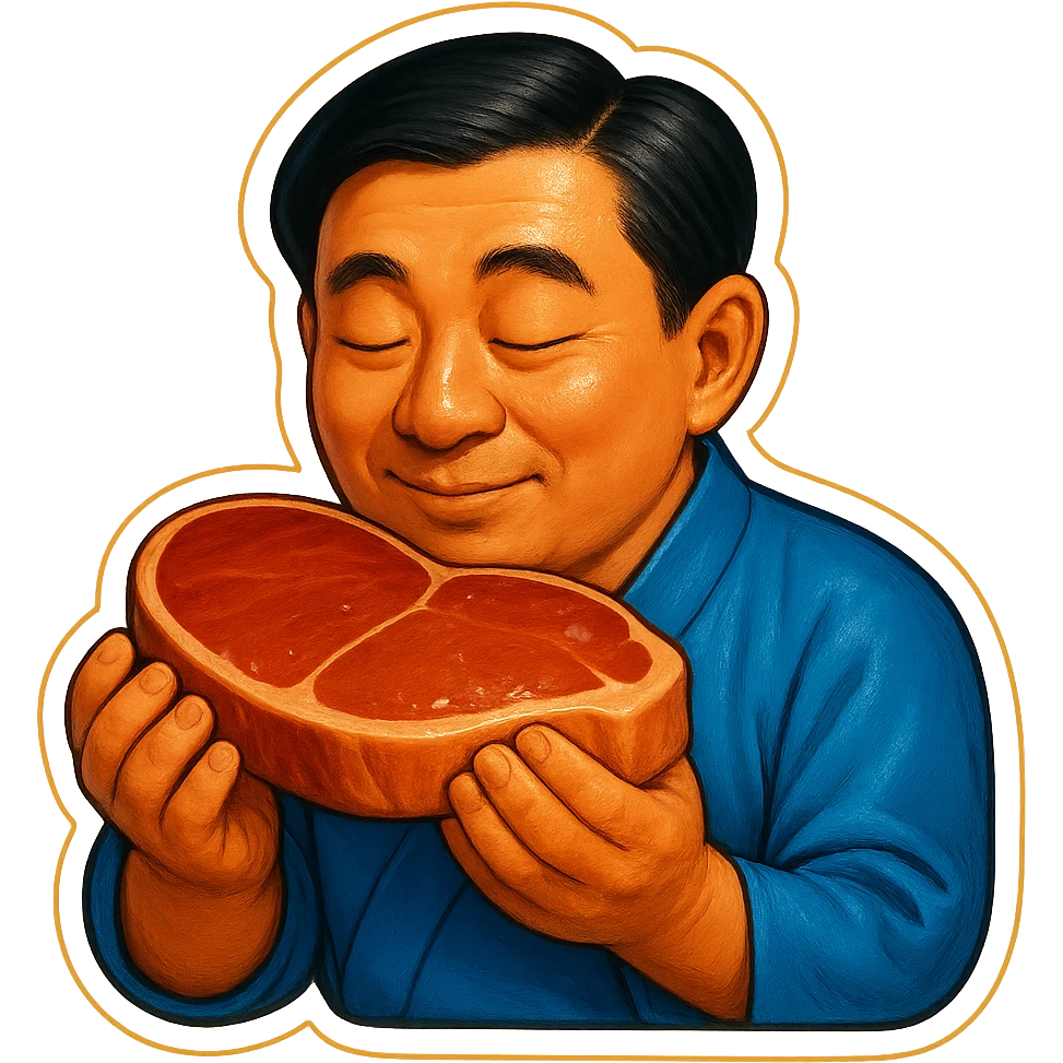 A Japanese man in traditional kimono with a loving look holds a steak in his hands, preparing to eat it emoji