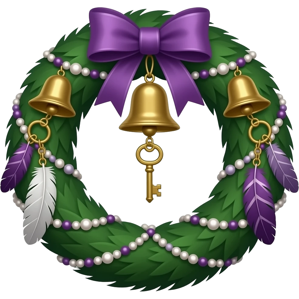 Smooth shiny decorative aesthetic glorious beautiful pretty hunter-Forest-green and deep-dusty-violet wreath circle hanging decoration With hanging witch bells, hanging keys, hanging trinkets, hanging feathers, hanging beads and pearls, ribbon, etc. emoji