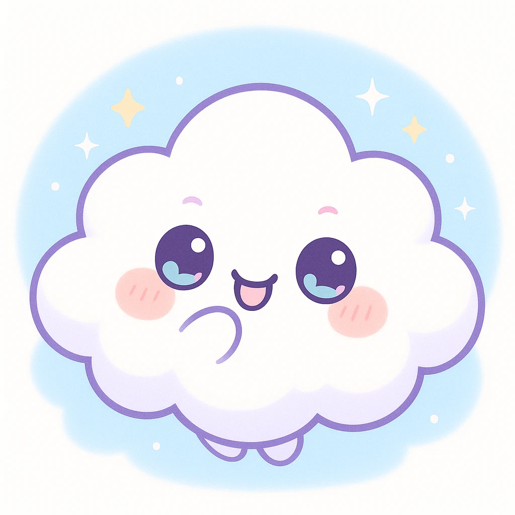chibi-style kawaii cloud character, smiling face, pastel colors, giggling, mischievous eyes, soft lighting, floating in a blue sky with sparkles and stars, cartoon-style, clean background, digital art, 4k, extra puffy emoji