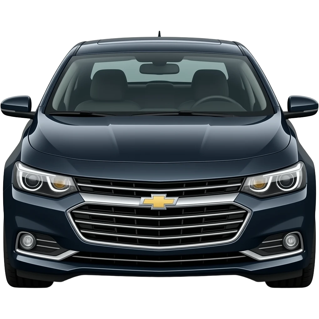 A realistic, high-detail photograph of a glossy black Chevrolet Malibu 2 Turbo Premier sedan with tinted windows, on the front car headlights and black alloy rims. emoji