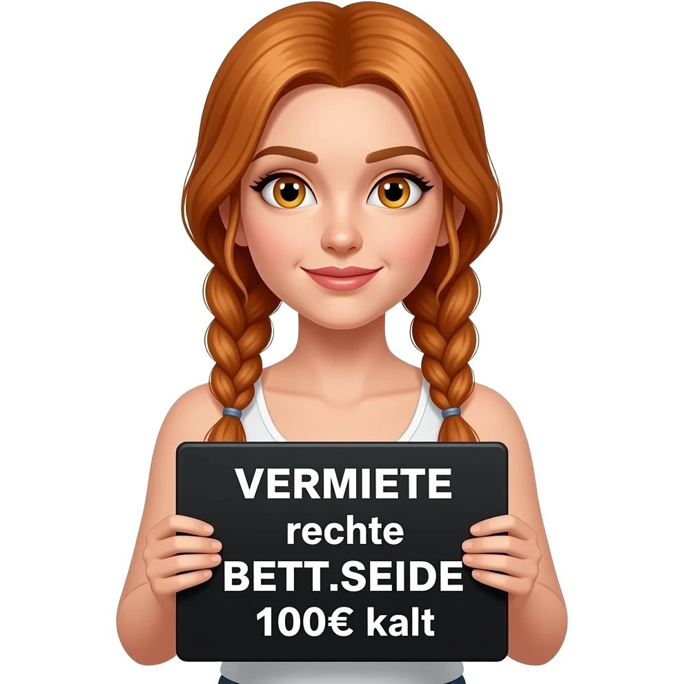 sexy girl with long ginger braids and ginger eyes wearing a white tanktop is holding a black sign with VERMIETE rechte BETT.SEITE 100€ kalt written on it emoji