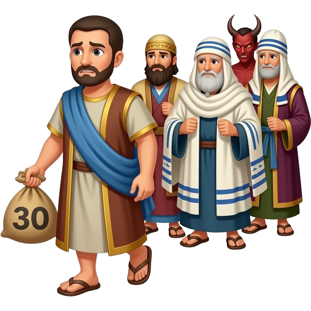 A full bodied short hair man, wearing old clothing from biblical times , carrying a sack of 30 silver coins with a nervous look on his face , walking away from old Hebrew religious leaders and Satan lurking near by emoji
