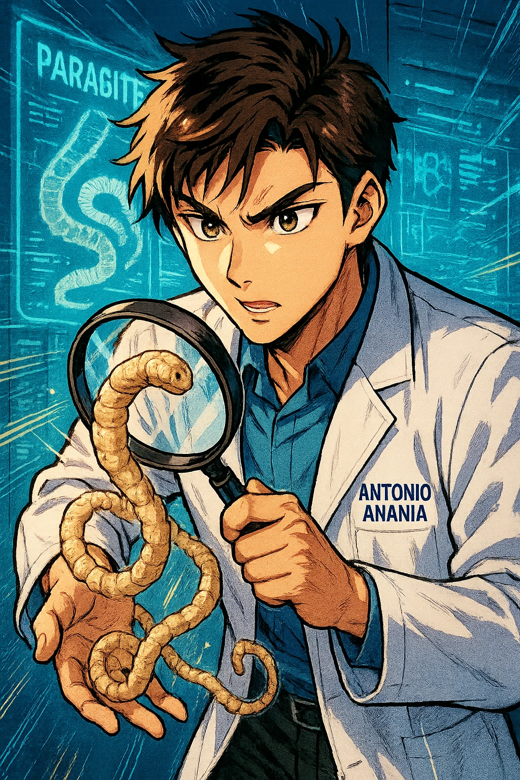 A dynamic manga/webtoon-style illustration of a young male kinesiologist wearing a clean white lab coat, analyzing light beige worms like a tapeworm under a magnifying glass. His expression is focused and slightly intrigued, with sharp, detailed eyes. The art style is vibrant, with bold linework, rich colors, and dramatic lighting. The background is a futuristic laboratory with glowing holographic screens displaying parasite data. The tapeworm is intricately drawn, slimy and segmented, with a slightly exaggerated yet realistic texture. The composition is dynamic, with motion lines or energy effects to emphasize his scientific investigation. The atmosphere is intense but not dark, keeping a balance between scientific seriousness and stylish manga aesthetics, he has "ANTONIO ANANIA" WRITTEN ON WHITE LAB COAT emoji