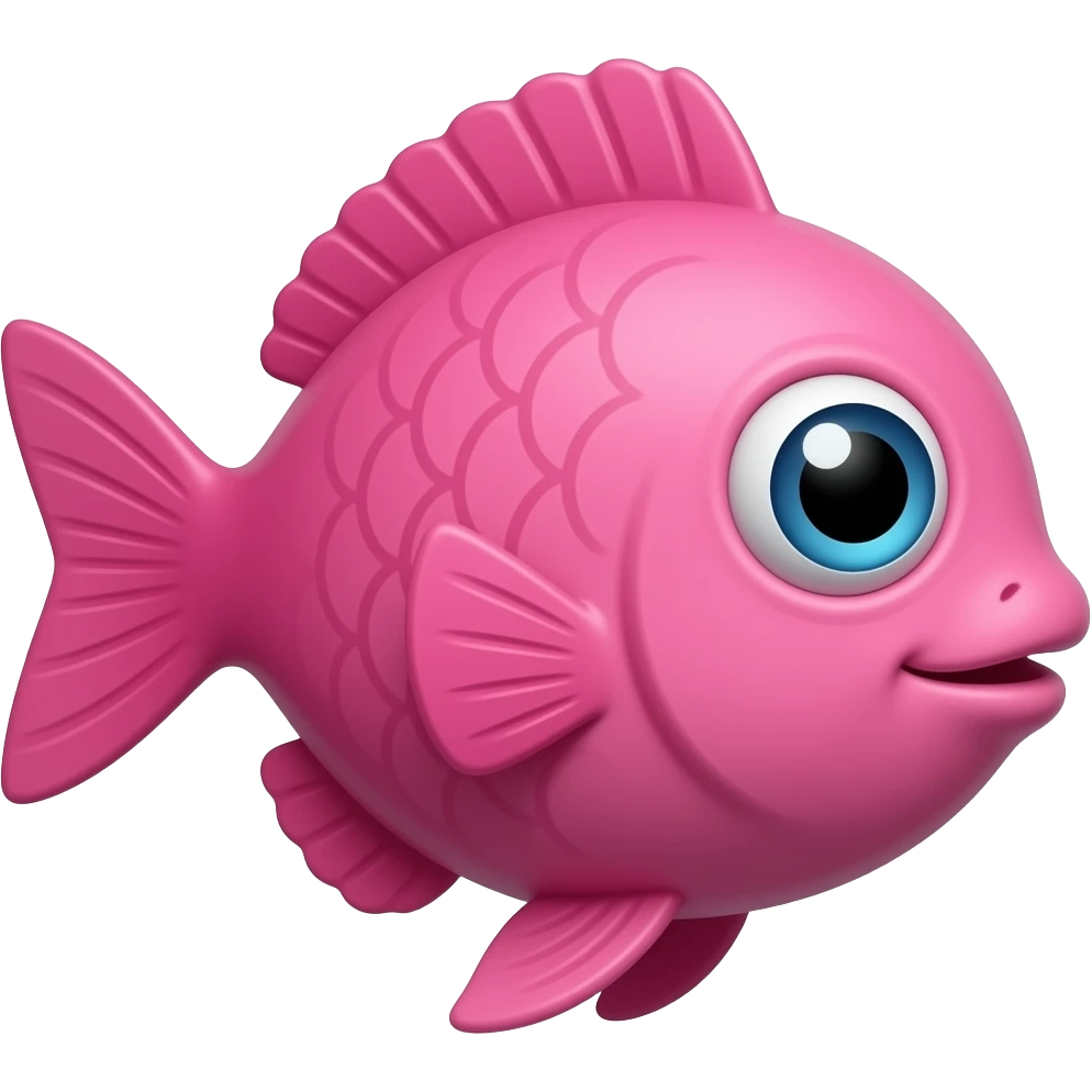extremely derpy bright pink fish in perfect side profile facing right, but with both googly eyes comically visible and looking at viewer, stupid expression, flat 2D side view, very silly and goofy emoji