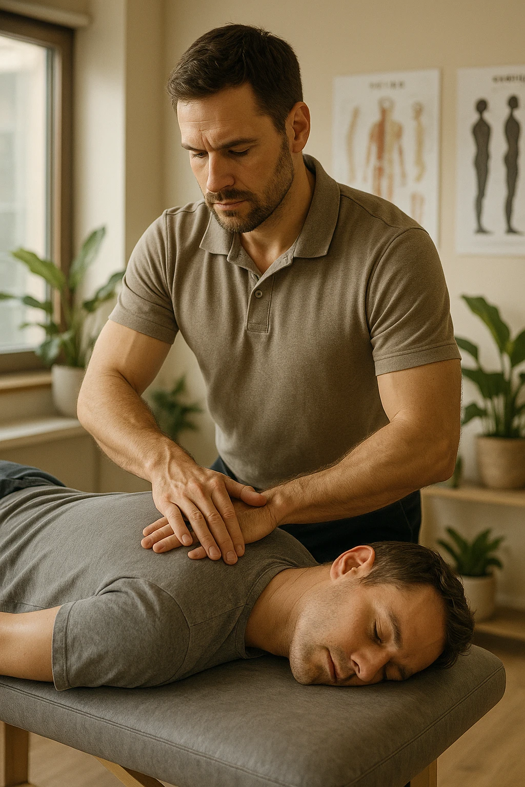 A realistic, cinematic illustration of a professional osteopath in his late 30s, wearing a fitted polo shirt in a neutral color, performing gentle manual manipulations on a patient to improve posture. The osteopath uses precise hand placement along the patient's upper back and cervical spine while the patient lies on a comfortable treatment table in a bright, modern clinic. Anatomical posters showing the spine and posture alignment are on the wall, and the room has warm, natural lighting with plants for a calming atmosphere. The scene emphasizes hands-on osteopathic care to restore body alignment, spinal mobility, and posture, showcasing trust, professionalism, and holistic care emoji