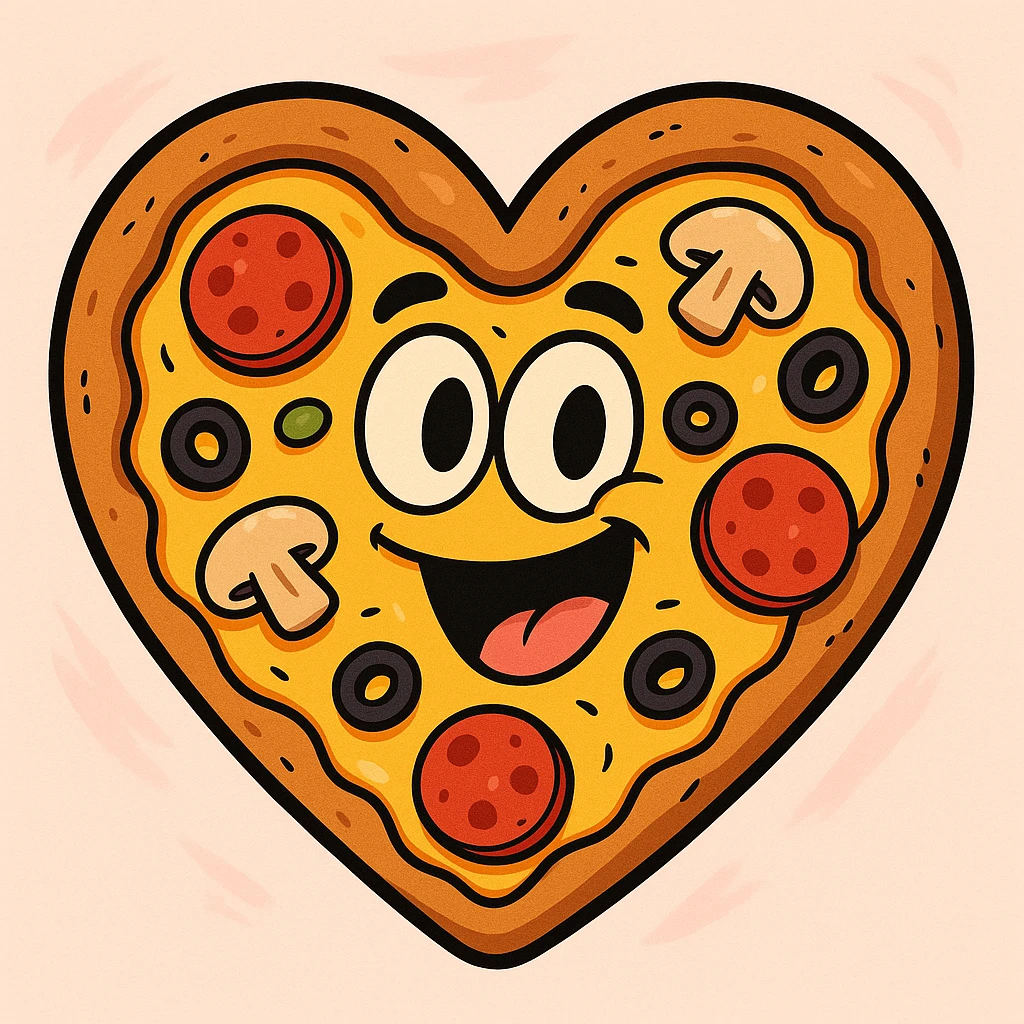 a pizza in the shape of a heart, with visible toppings, appetizing and fun, cartoon style, playful and colorful emoji