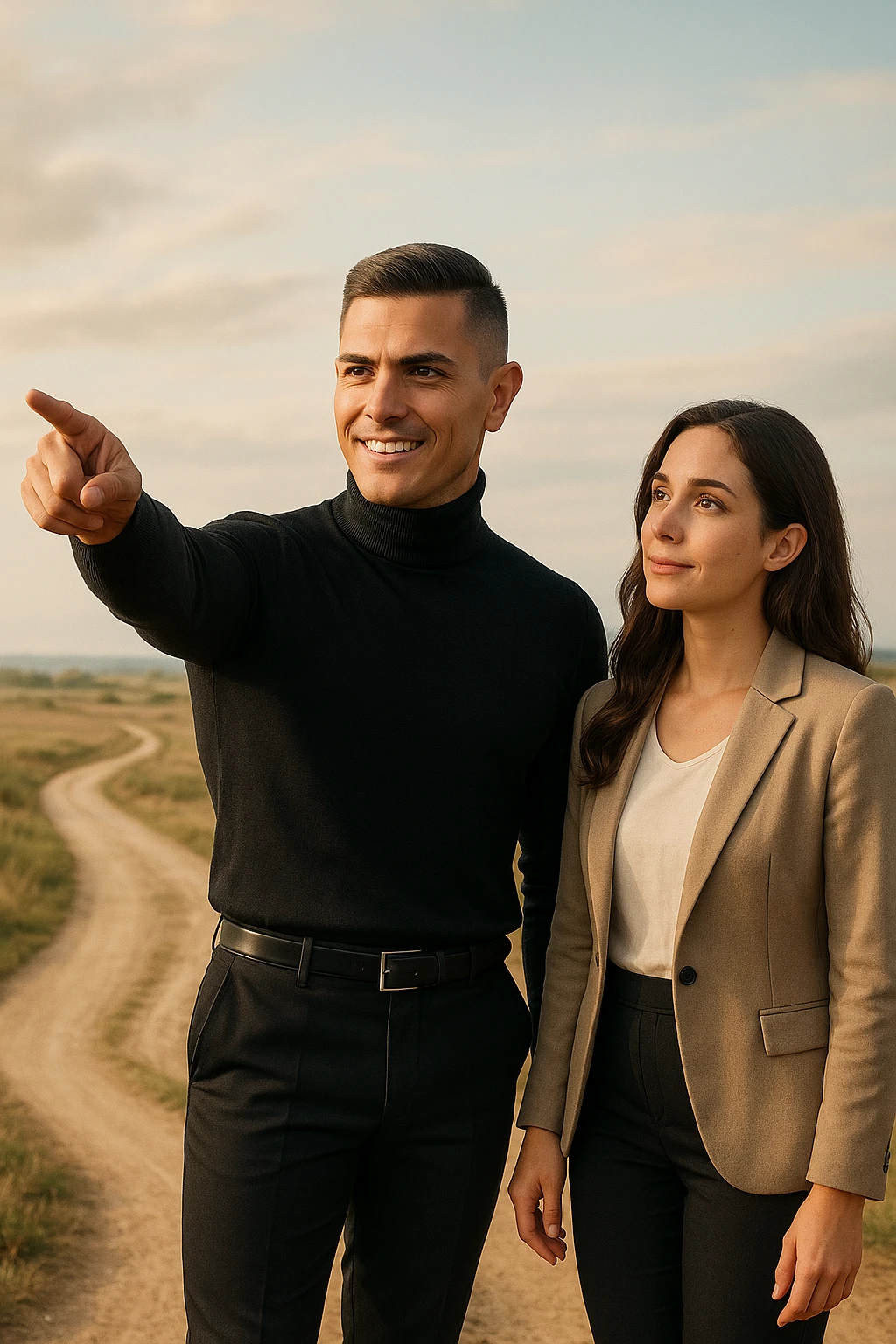 Editorial photo of a confident man standing at a crossroads, pointing decisively toward a clear path ahead. Beside him, a woman looks at him with trust and readiness to follow. Both are well-dressed, the setting is an open landscape with soft, natural light. The mood is one of leadership, guidance, and partnership. emoji