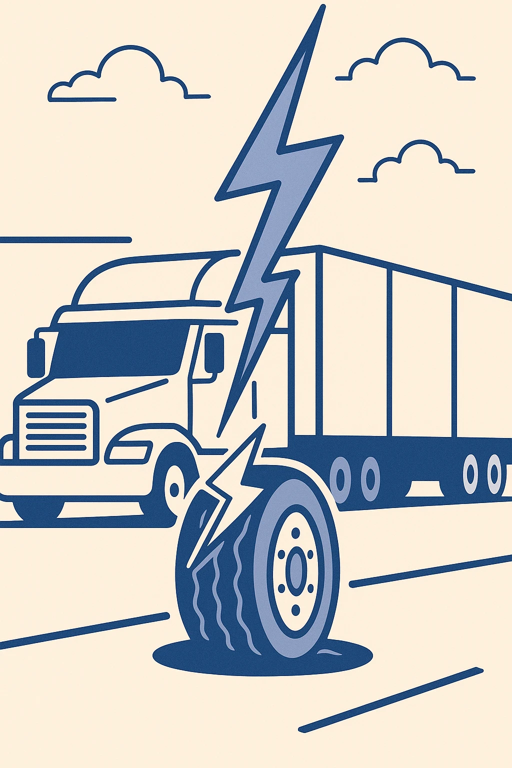 flat tire from a semi truck on the highway, dramatic lightning bolt hitting it, flat illustration style emoji