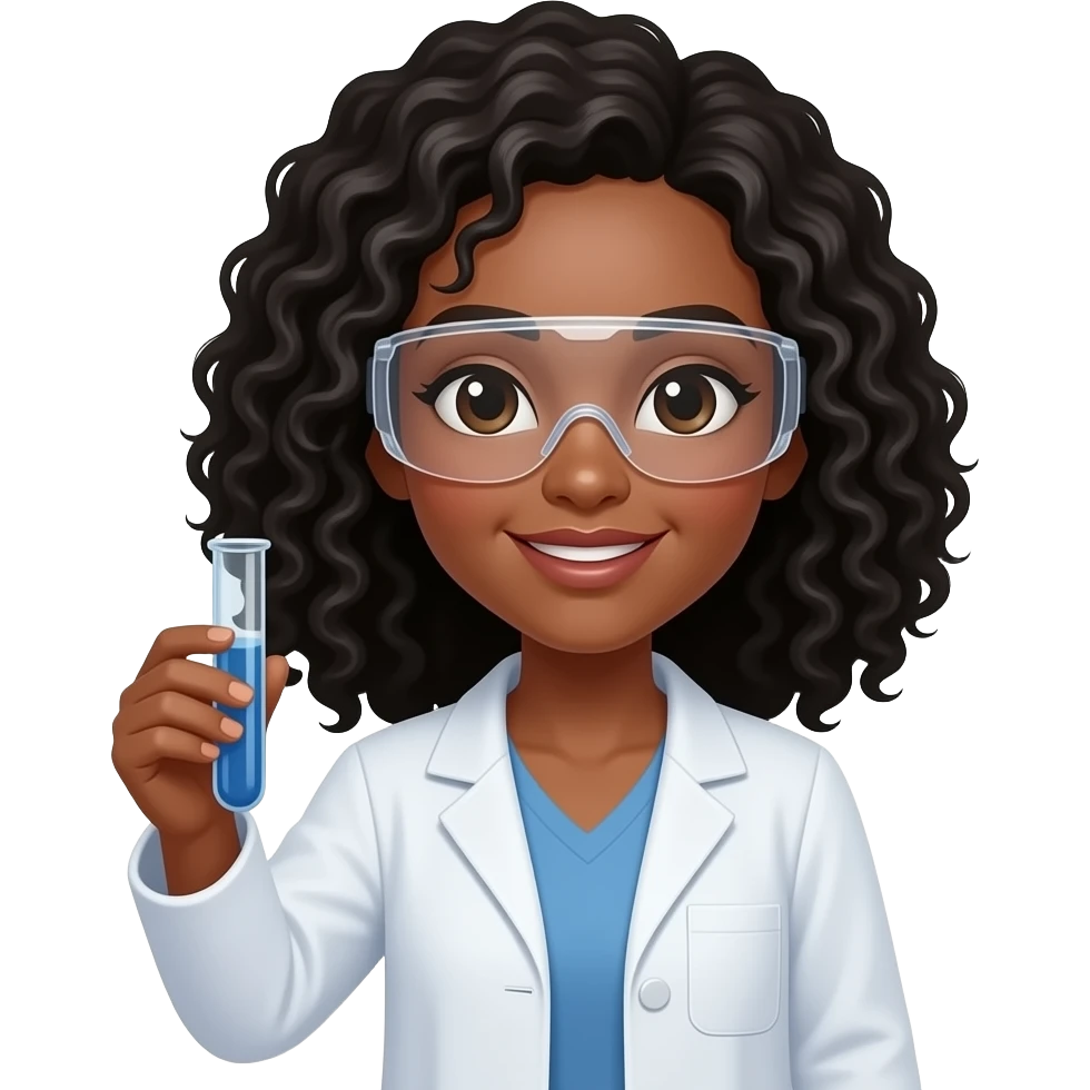 A light brown skinned woman with black curly shoulder-length hair who's a chemist, wearing a lab coat and holding and protective googles, holding a test tube emoji
