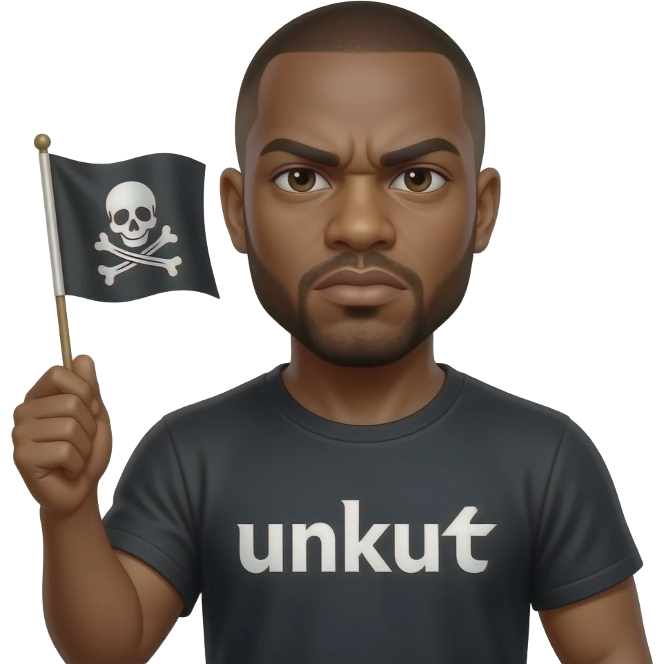 french rapper booba very ressemblant with real bald head and no opaque beard et angry eyebrows et unkut teeshirt holding the pirate flag emoji