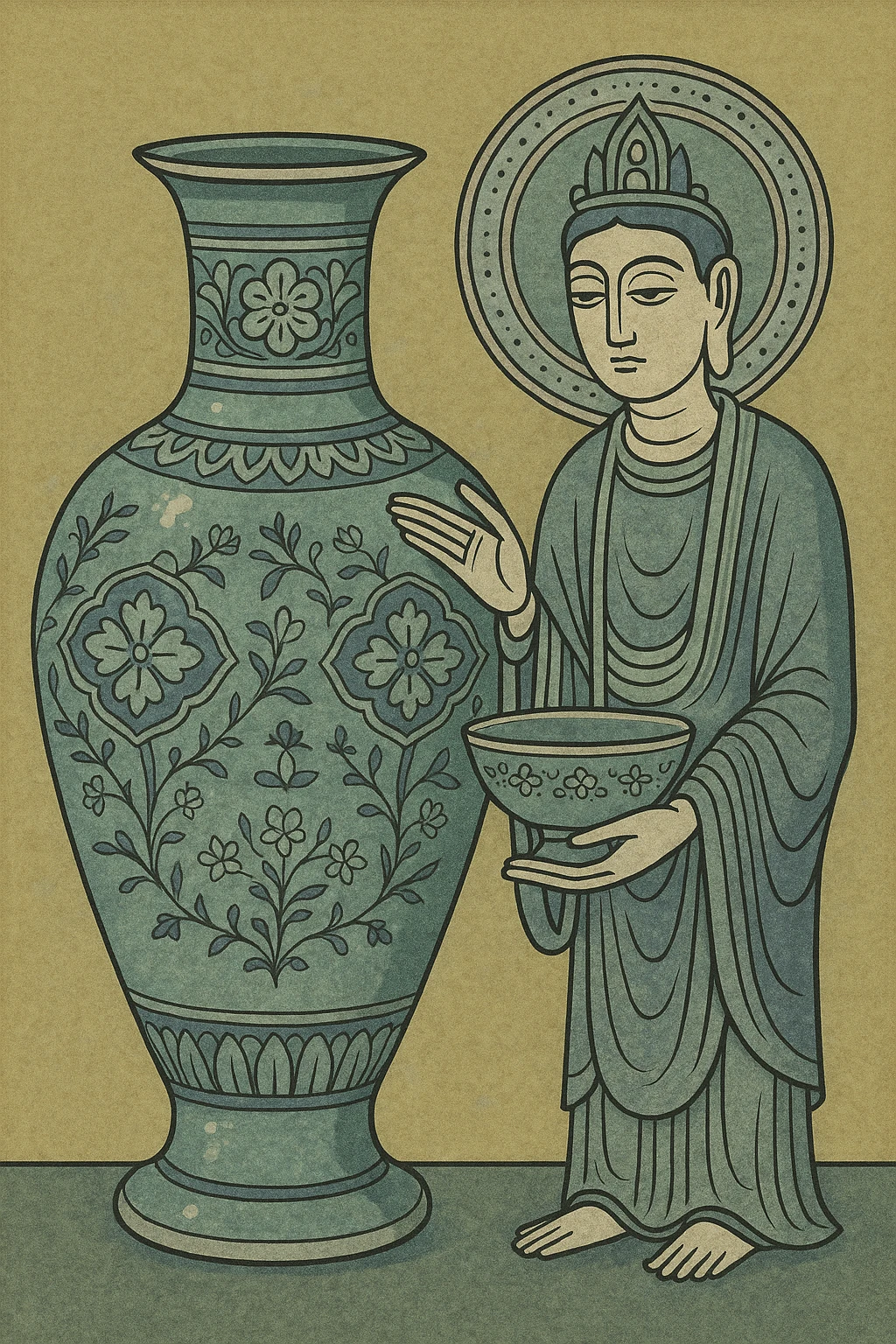 Korean traditional art style depiction of Goryeo celadon (turquoise ceramic) with intricate patterns and elegant glaze emoji